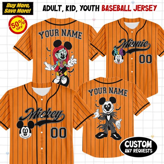 Discover Custom Disneyyy Mickeyy And Minniee Nightmare Before Christmas Baseball, Disneyyy Jersey Baseball Jersey Gift for Disneyyy