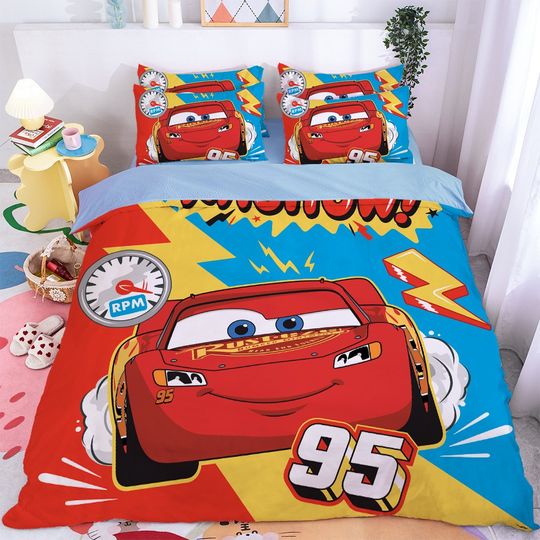 Discover Disneyyy carss Blau/Gelb Duvet Cover,Lightningg McQueenn Bedding Set