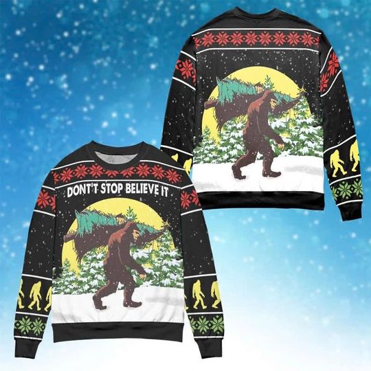 Discover Don't Stop Believin' Bigfoot Xmas Sweater, Ugly Christmas Sweatshirt With Mothman & Camping Vibes
