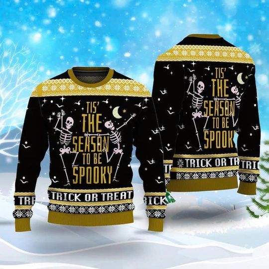 Discover Dancing Skeleton Pumpkin Ugly Halloween Sweater, Retro Spooky Fall Shirt, Funny Skeleton Christmas Sweater, Halloween Party Pullover