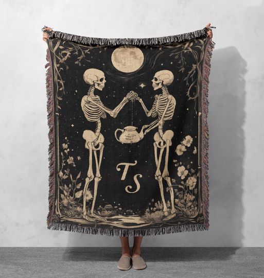 Discover Skeleton Tea Party 100% Cotton Woven Blanket, Gothic Cozy Throw, Spooky Halloween Decor, Dark Academia Aesthetic, Macabre Gift