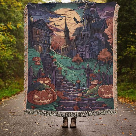 Discover Vintage Halloween Town and Castle Pumpkin Woven Throw Blanket, Retro Jack-o'-lantern Wall Tapestry, Halloween watching movie blanket