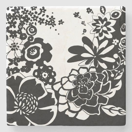 Discover Black and White Floral Garden Graphic Pattern Stone Coaster