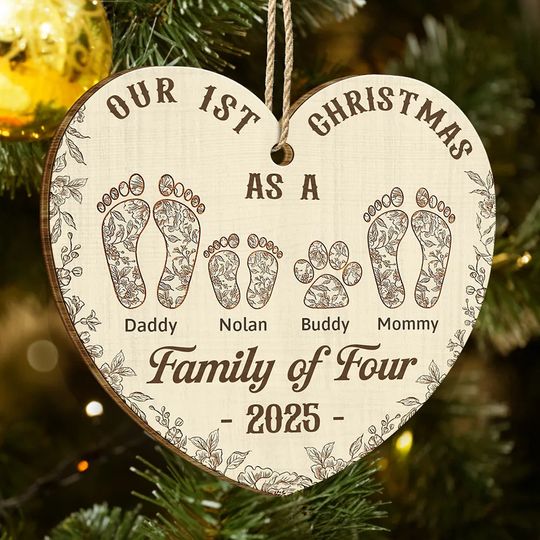 Discover First Christmas As A Family Of Four Footprints Flower - Personalized Custom Shaped Wooden Ornament