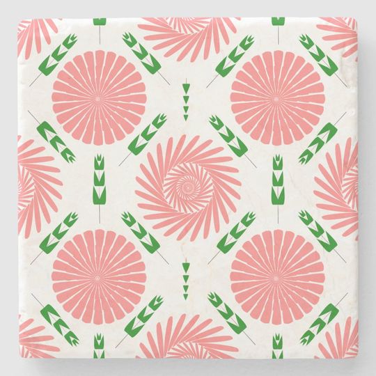 Discover  pattern with pink flowers   stone coaster
