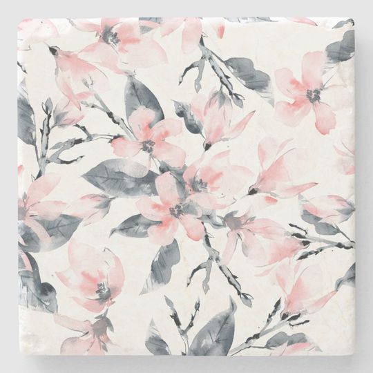 Discover Pink & Gray Floral Watercolor Pattern Stone Coaster