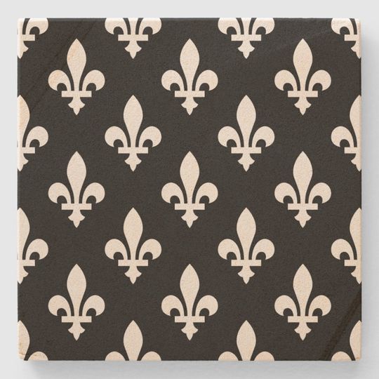 Discover Fleur de Lis Pattern, Royal French, White on Black Stone Coaster