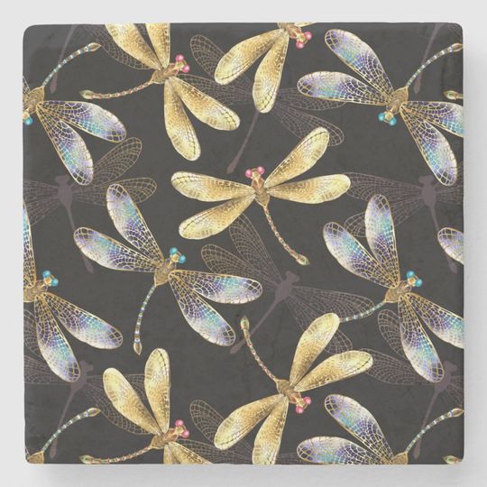 Discover Seamless Pattern with Golden Dragonflies Stone Coaster