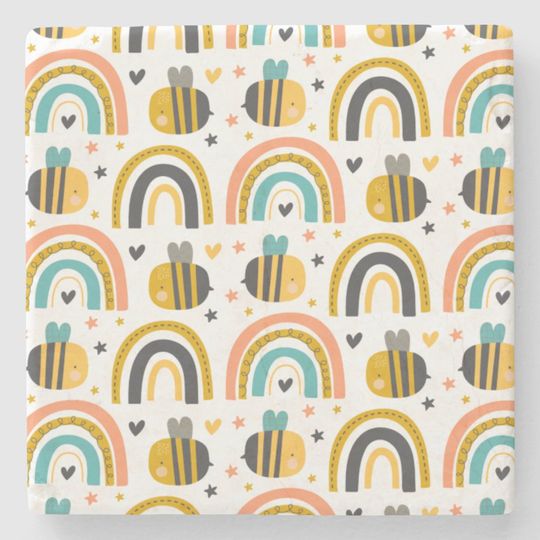 Discover Cute Bumble Bee and Rainbows Pattern Stone Coaster