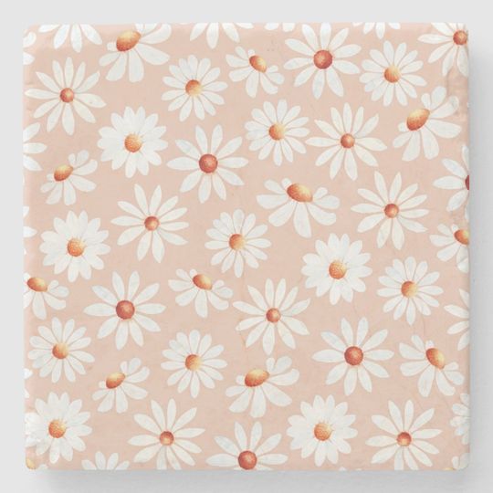 Discover Watercolor Daisy Pattern Pink Blush Background   Stone Coaster