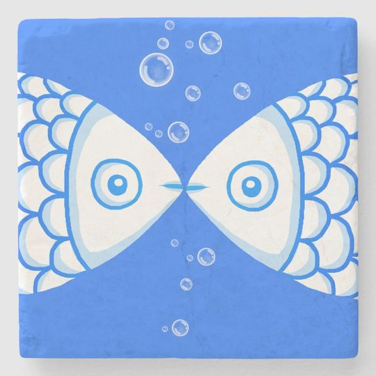 Discover Two Fish Pisces Blue White Abstract Pattern Stone Coaster