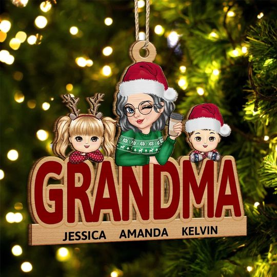 Discover          Grandma & Grandkids Christmas - Personalized Wooden Cutout Ornament       