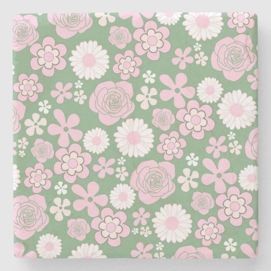 Discover Green Pink White Retro Y2K 70s Flower Pattern Stone Coaster
