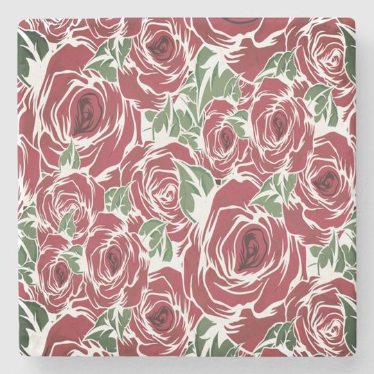 Discover Elegant Vintage Rose Pattern - Red & Green Floral  Stone Coaster