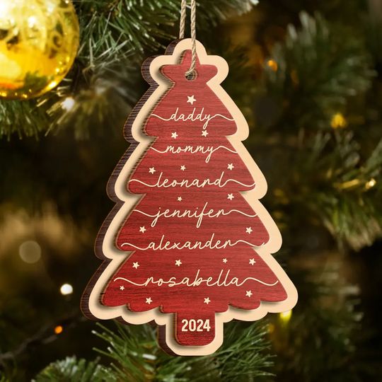 Discover          Family Name Christmas Tree - Personalized 2-Layered Wooden Ornament       