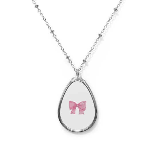 Discover Elegant Oval Necklace with Pink Bow Charm, Gift for Her