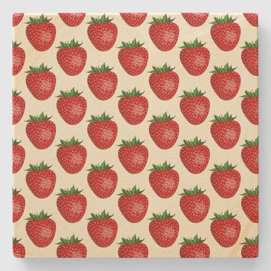 Discover Strawberry Pattern, Red Strawberries, Fruit, Leaf Stone Coaster