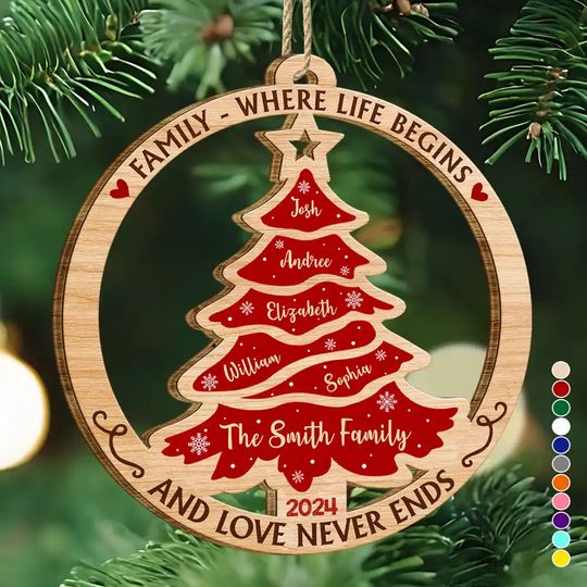 Discover          Christmas Tree Family Where Life Begins And Love Never Ends - Personalized Custom Shaped Wooden Ornament       
