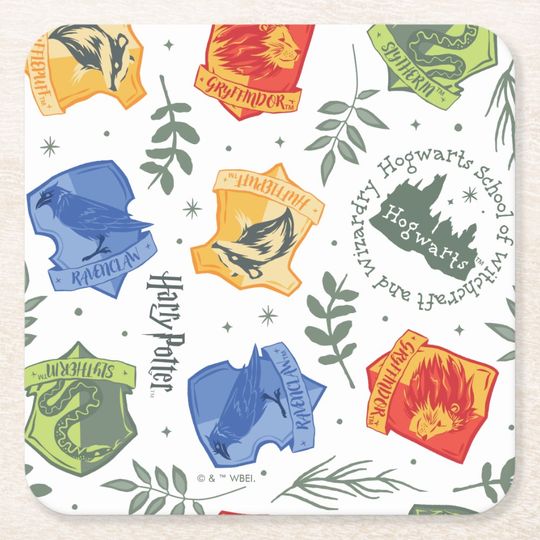 Discover Magical Herbology HOGWARTS™ Houses Pattern Square Paper Coaster