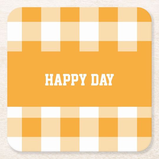 Discover Gingham Pattern Happy Day  Square Paper Coaster