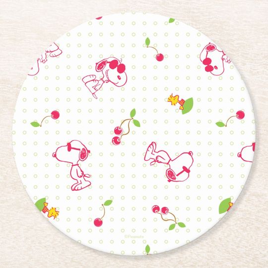 Discover Peanuts | Snoopy & Woodstock Cherry Pattern Round Paper Coaster