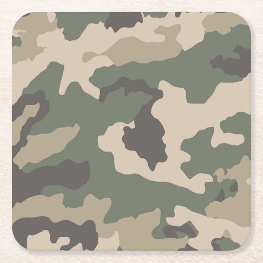 Discover Green Camo Pattern Square Paper Coaster