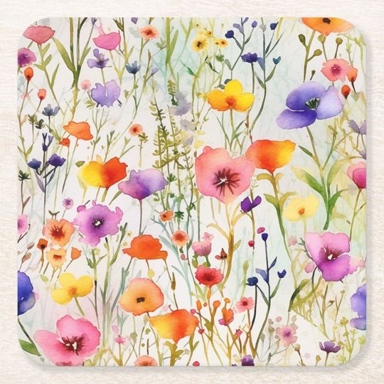 Discover Modern wildflowers watercolor pattern square paper coaster