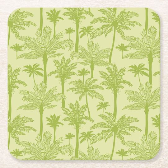 Discover Green Palm Trees Pattern Square Paper Coaster