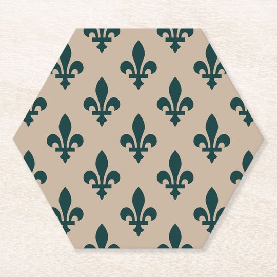 Discover Fleur de Lis Pattern, Royal French Green on Cream Paper Coaster