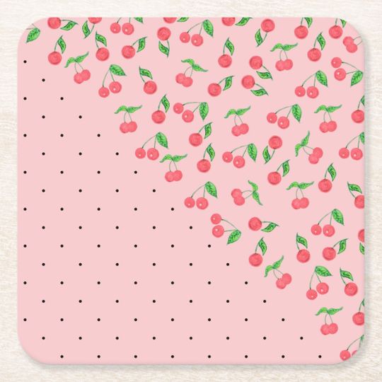 Discover cute watercolor cherry black polka dots pattern square paper coaster