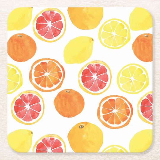 Discover Watercolor Citrus Fruit Pattern Square Paper Coaster