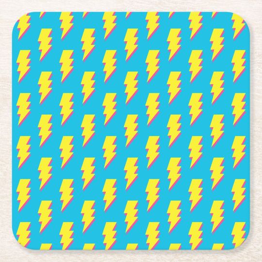 Discover 80's/90's Pattern Fun Blue Yellow Bolt Neon Retro Square Paper Coaster