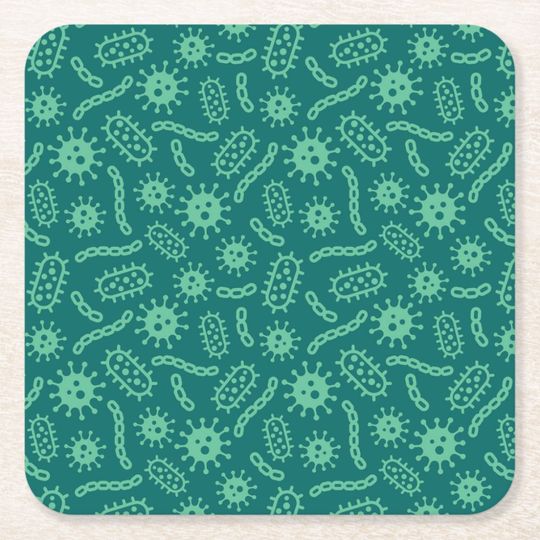 Discover Green Microbes Pattern Square Paper Coaster