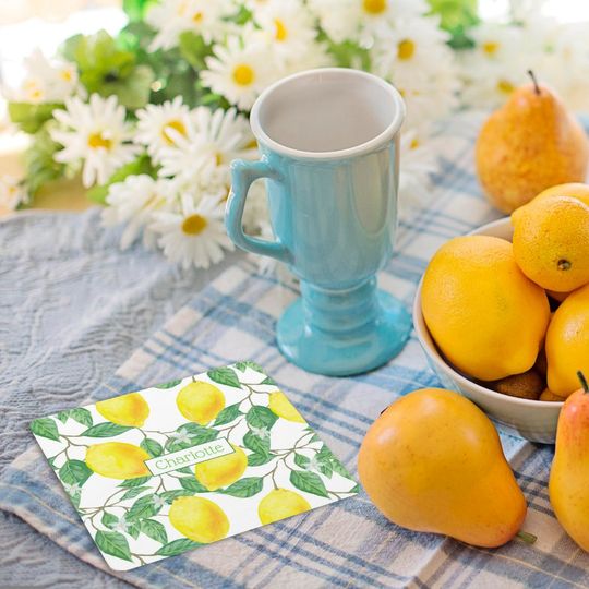 Discover Lemon pattern custom name yellow square paper coaster