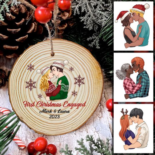 Discover First Christmas Engaged - gift for boyfriend, girlfriend - Personalized Slice Wood Ornament