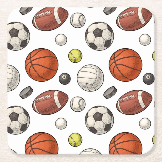 Discover Sports Equipment Pattern Square Paper Coaster