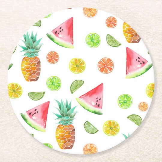 Discover Watercolor Candied Fruit Pattern Round Paper Coaster
