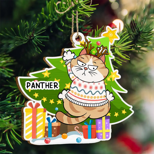 Discover          Funny Cats Scratching Christmas Tree - Personalized Custom Shaped Wooden Ornament       