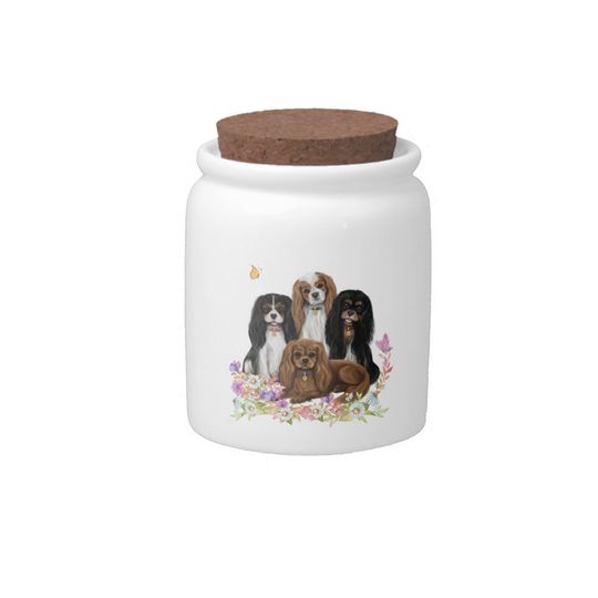 Discover Four Cavalier King Charles Spaniels in Flowers Candy Jar