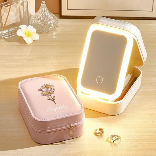 Discover Personalized Birth Flower Leather Jewelry Box with LED Makeup Mirror Birthday Gift for Her
