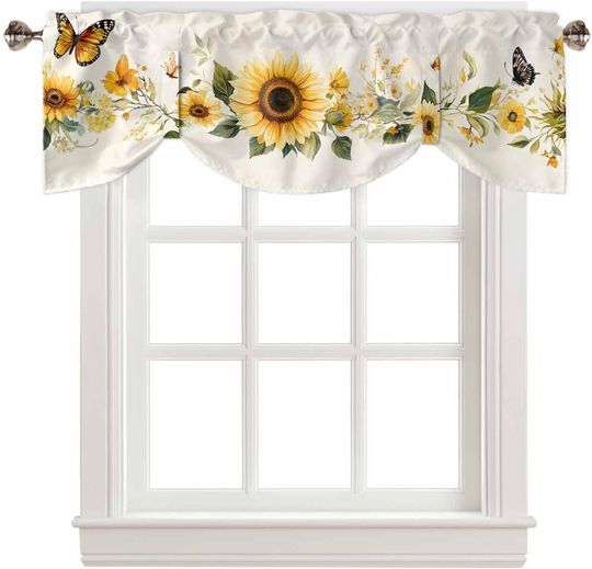 Discover DecorLovee Sunflower Tie Up Valances for Windows, Kitchen Curtains Valance Window Shade, Vintage Spring Botanical Summer Floral Rod Pocket Window Treatment Curtains for Living Room/Bedroom 54"x18"