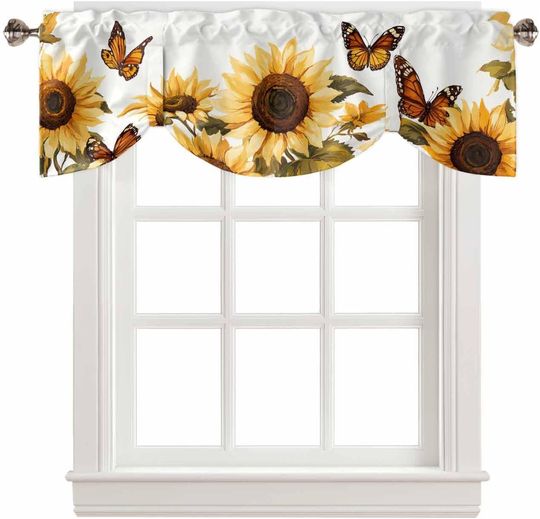 Discover DecorLovee Sunflower Tie Up Valances for Windows, Kitchen Curtains Valance Window Shade, Spring Summer Floral Botanical Butterfly Rod Pocket Window Treatment Curtains for Living Room/Bedroom 54"x18"