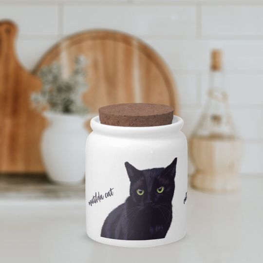 Discover Personalized Black Cat Art White Pet Treat Jar