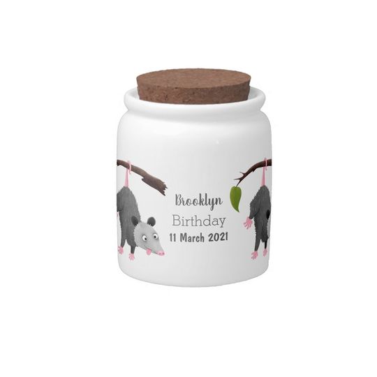 Discover Cute funny opossum hanging from branch cartoon candy jar