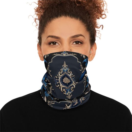 Discover Neck Gaiter, Luxury Gold Black Blue Winter Scarf, Drawstring Face Cover
