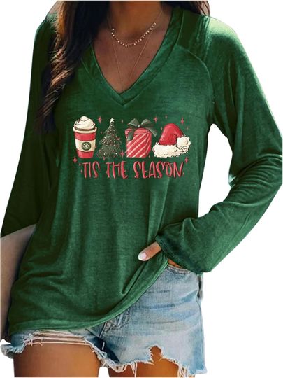 Discover Christmas V Neck T Shirts for Women Christmas Tree Graphic Tshirts Long Sleeve Cute Tees Xmas Holiday Party Tops Outfits