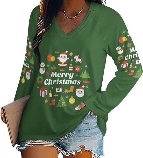 Discover Cute Santa and Merry Christmas  Women's Long Sleeve V-neck Shirt