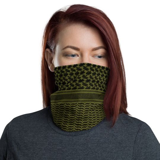 Discover Keffiyeh Palestinian Washable Face Mask Neck Gaiter | Arab Scarf Pattern Shemagh Protester Black and Olive Free Palestine