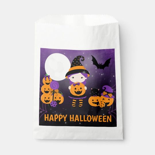 Discover Cute Witch Girl and Pumpkins Happy Halloween Favor Bag
