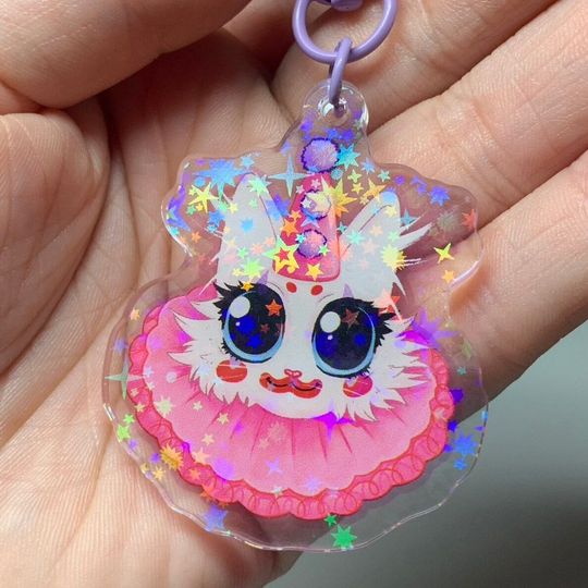 Discover Kawaii Clown Kitty Holographic Acrylic Keychain